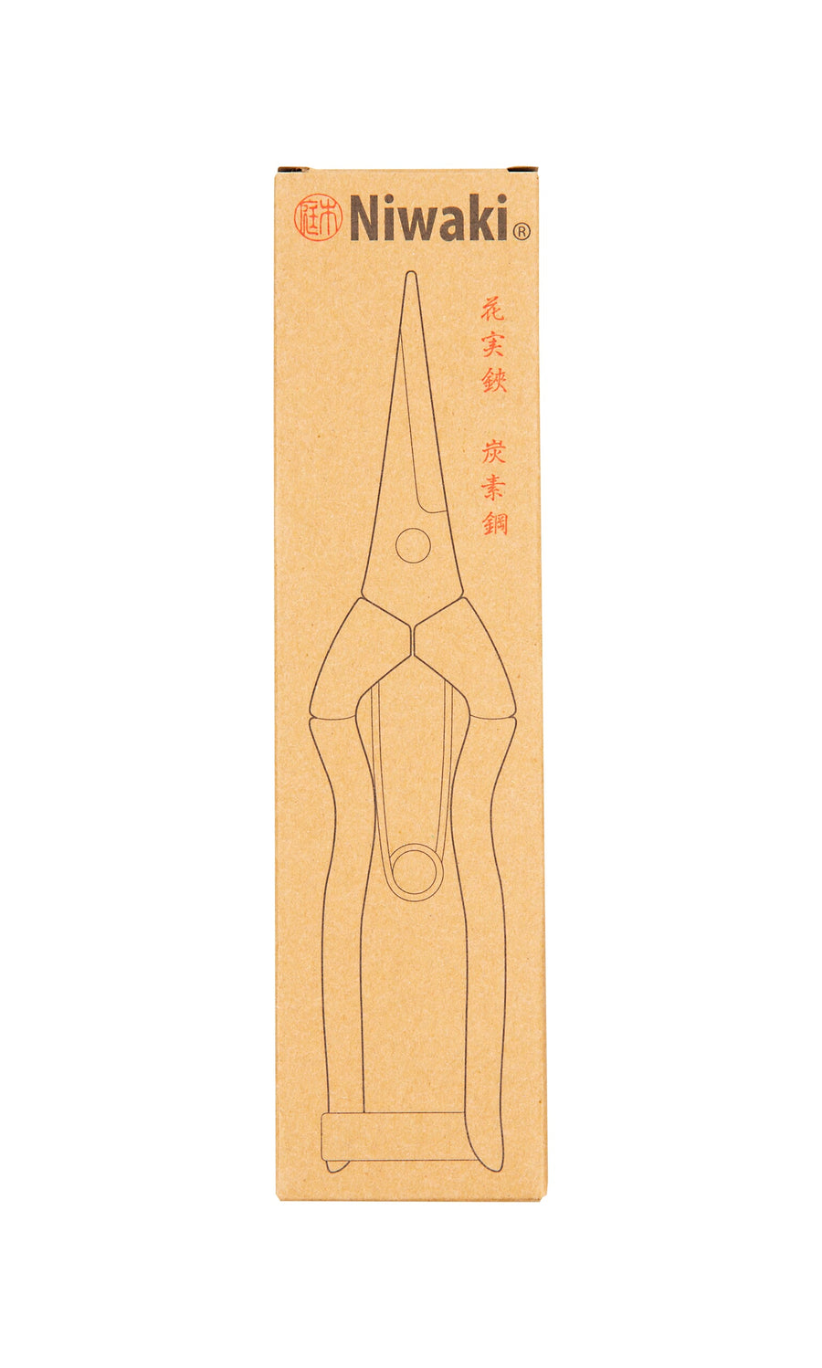 Plümo- Brown cardboard box with a line drawing of red garden snips, Niwaki branding, and "handmade in Japan" details.