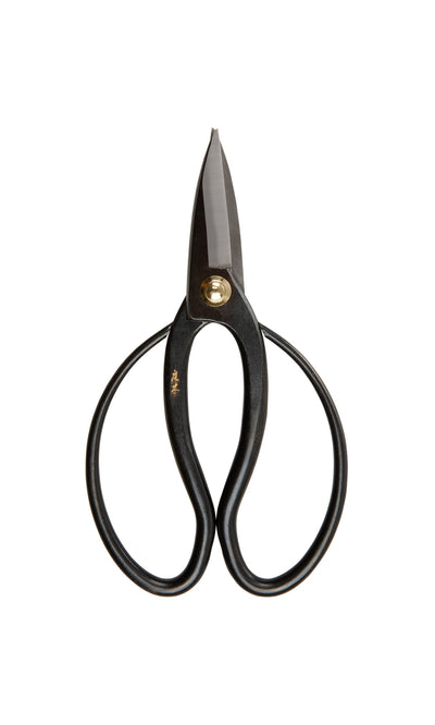 Plümo- Higurashi scissors: black vintage-style carbon steel with rounded handles, perfect for bonsai, on white background.