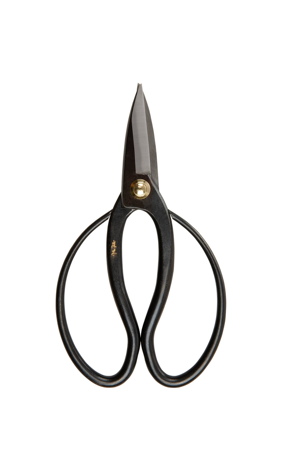 Plümo- Higurashi scissors: black vintage-style carbon steel with rounded handles, perfect for bonsai, on white background.