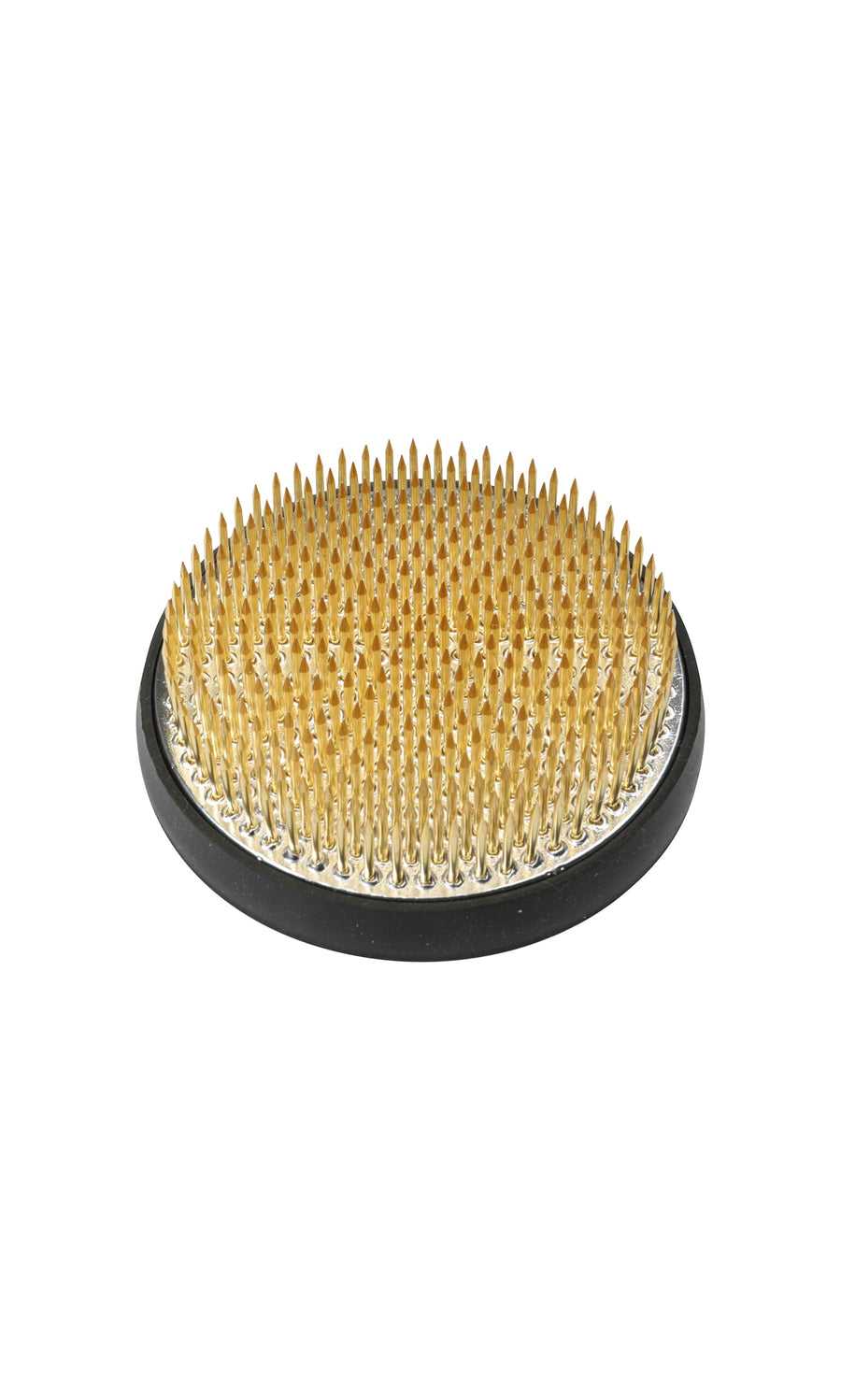 Plümo- A round Kenzan flower frog with a brass top and black base, made in Japan for Ikebana arrangements.