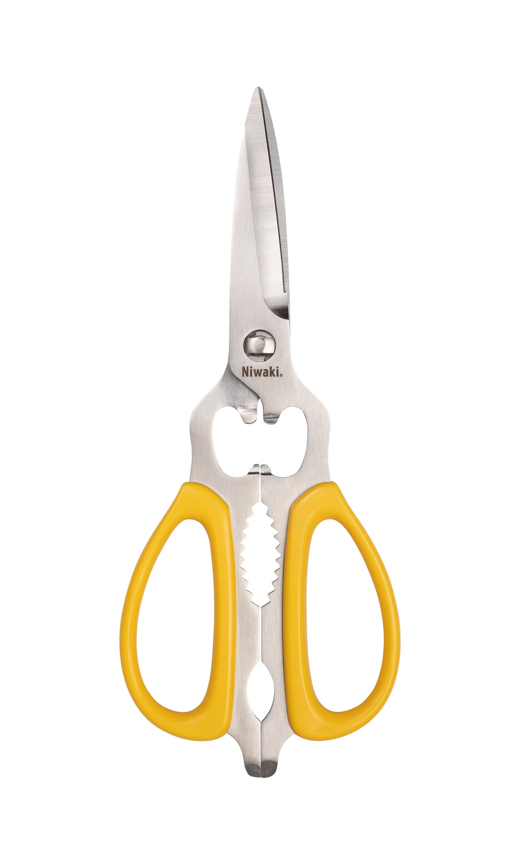 Plümo- Yellow Niwaki kitchen scissors from Japan feature a bottle opener, serrated grip, and versatile yellow handles.