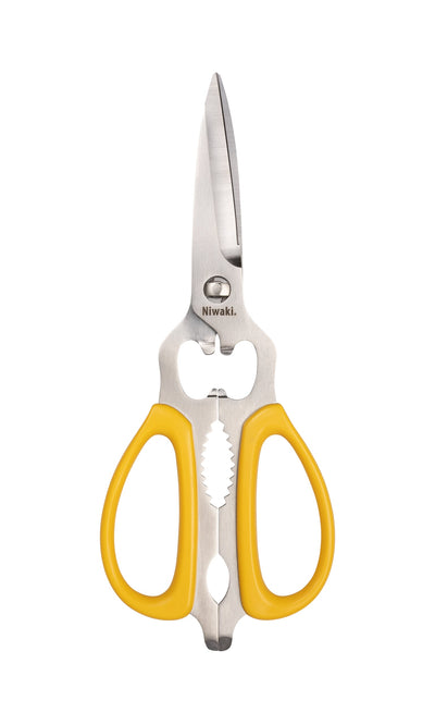 Plümo- Yellow Niwaki kitchen scissors from Japan feature a bottle opener, serrated grip, and versatile yellow handles.