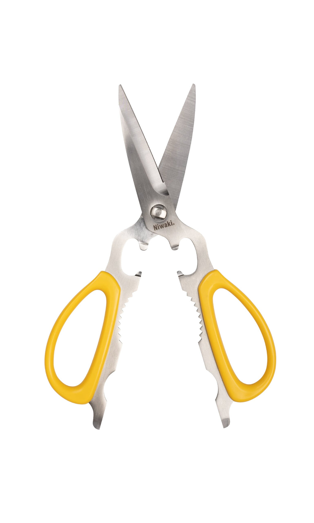 Plümo- Yellow Niwaki kitchen scissors with open blades and built-in bottle opener on a white background.