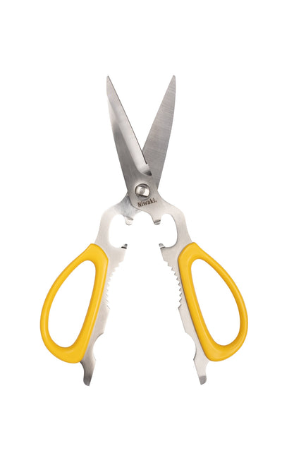 Plümo- Yellow Niwaki kitchen scissors with open blades and built-in bottle opener on a white background.