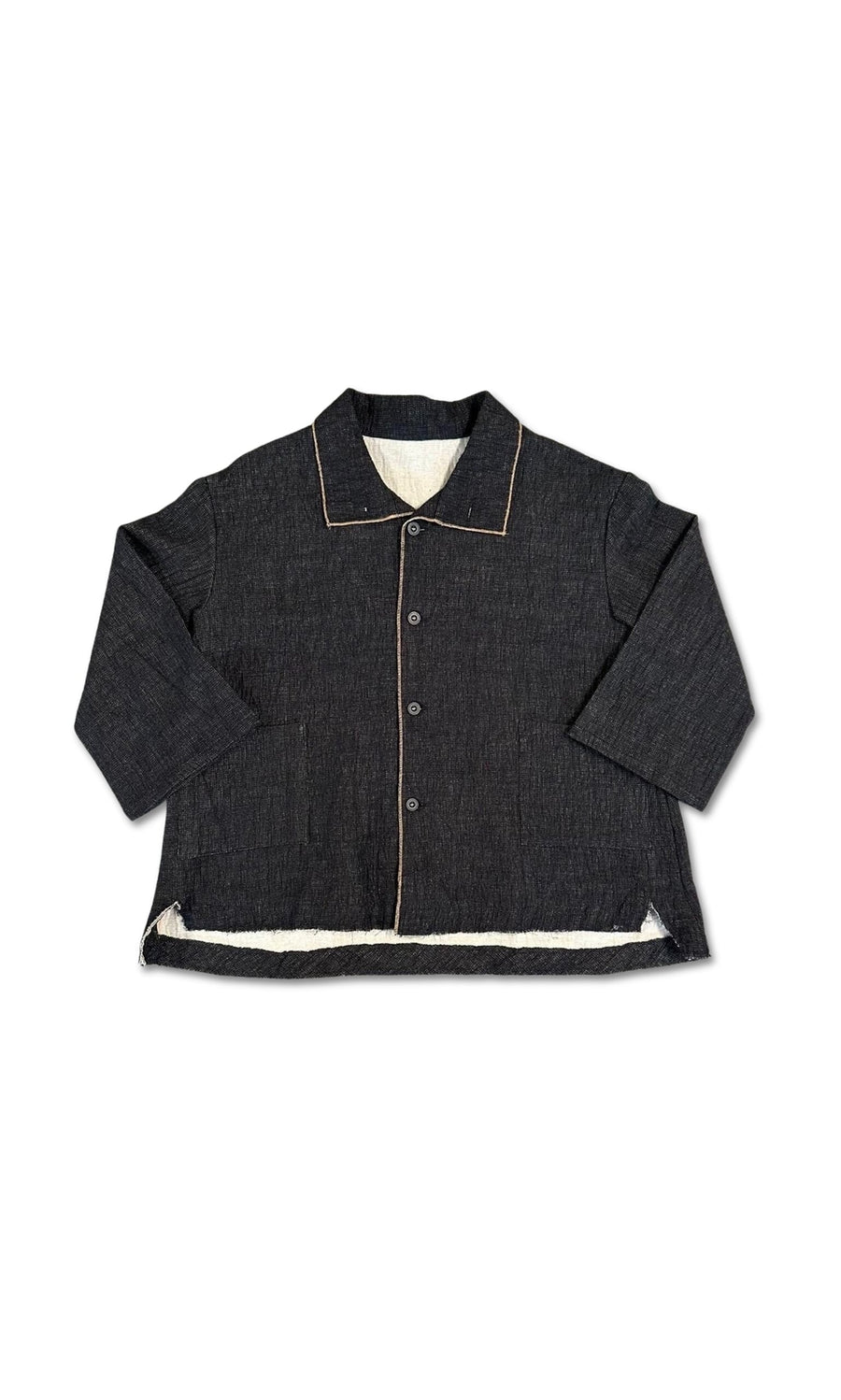 Plümo- Raw Edge Blazer: black with tan trim, long sleeves, textured finish, and white inner lining on a white background.