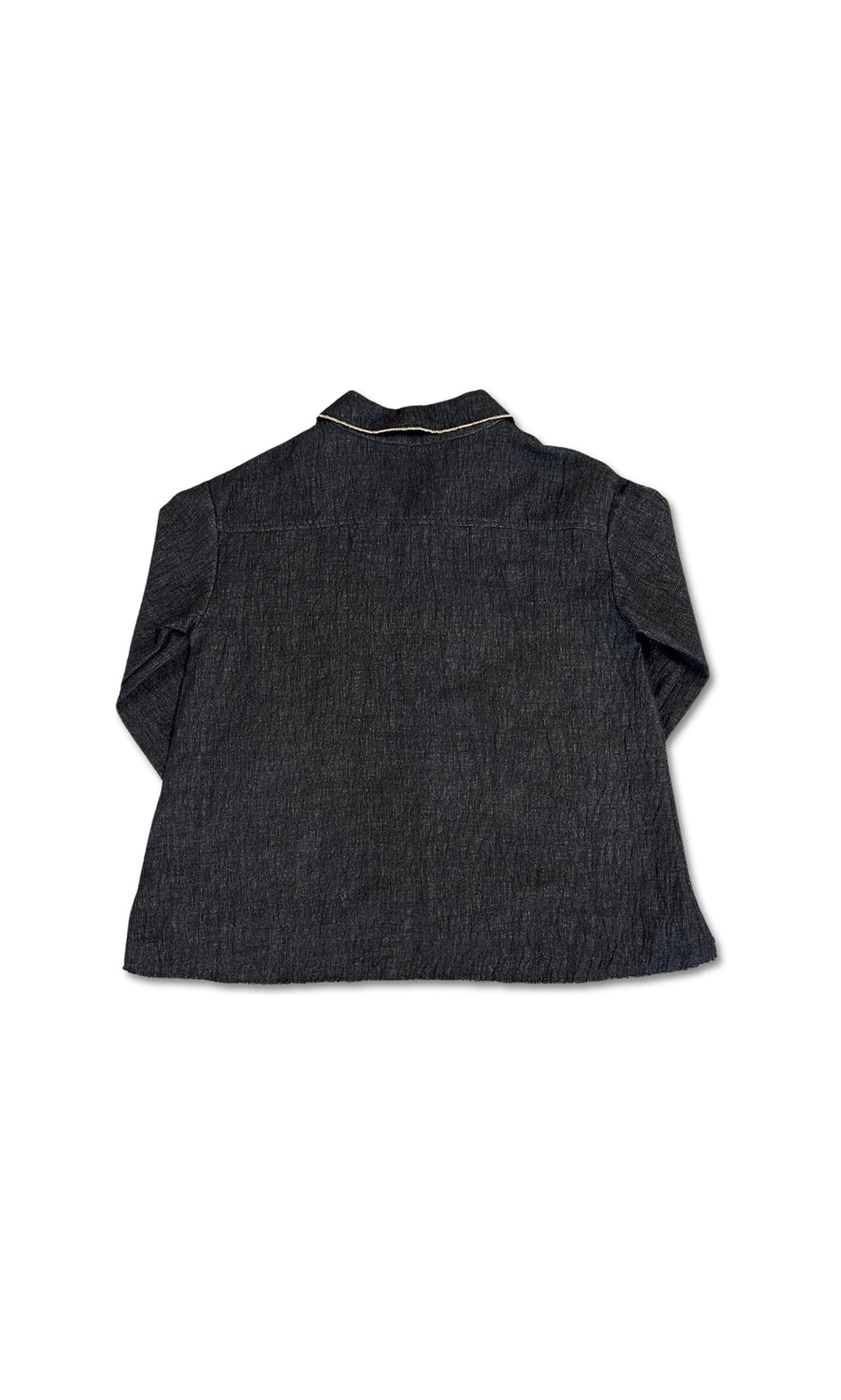Plümo- Raw Edge Blazer shown from the back, featuring a textured finish and light stitching on the collar.
