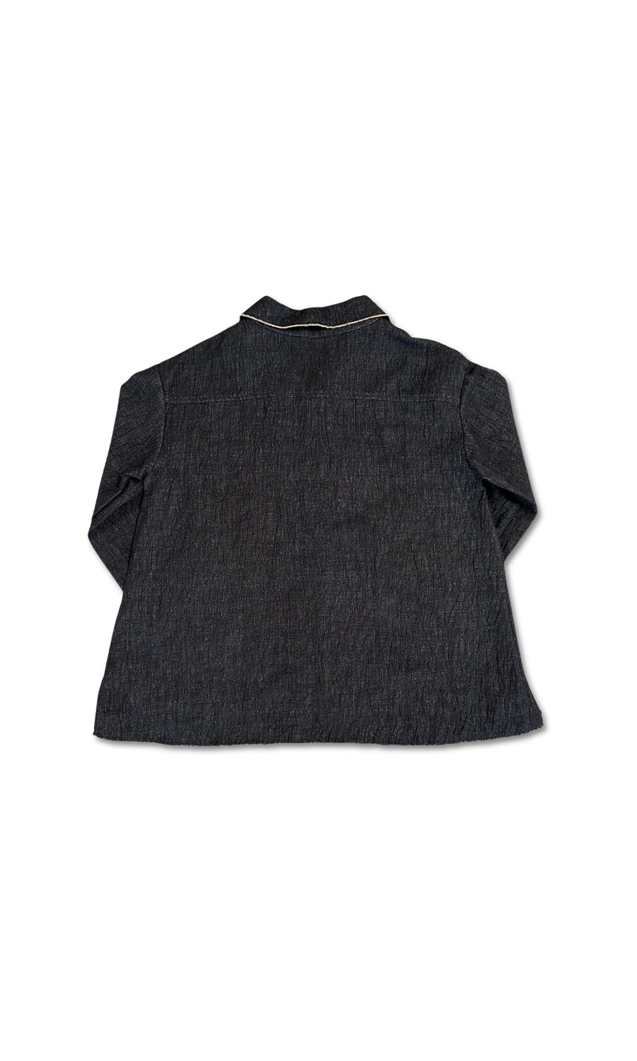 Plümo- Raw Edge Blazer shown from the back, featuring a textured finish and light stitching on the collar.