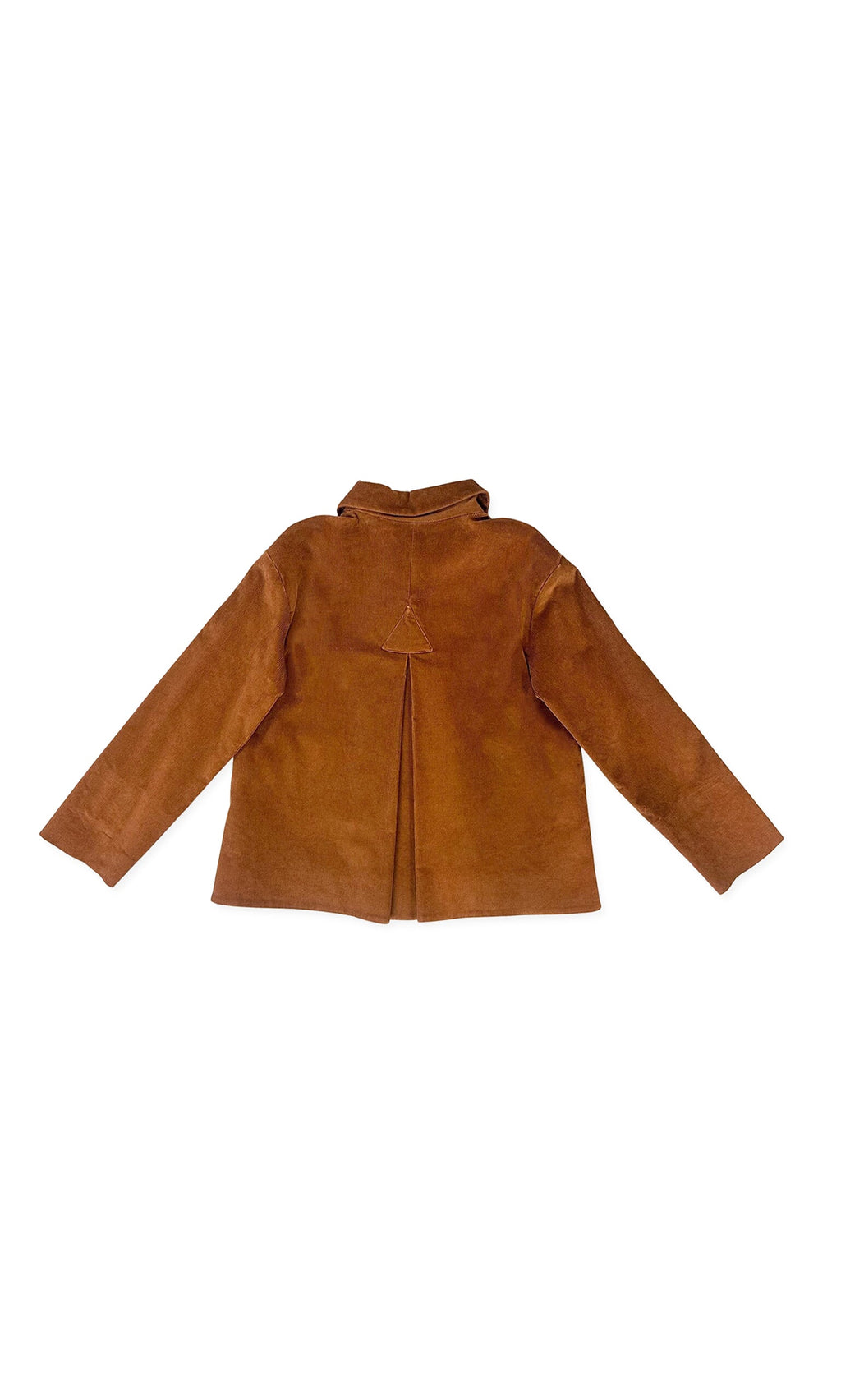 Plümo- Anderson Jacket in brown corduroy, back view with pleat and collar, shown flat on a white background.