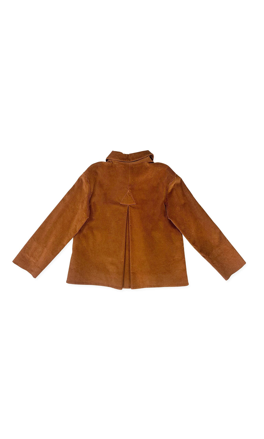 Plümo- Anderson Jacket in brown corduroy, back view with pleat and collar, shown flat on a white background.