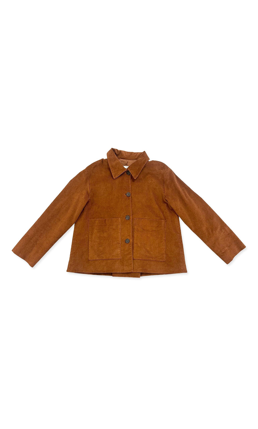 Plümo- Anderson Jacket in brown suede with two front pockets, spread collar, and long sleeves on a white background.