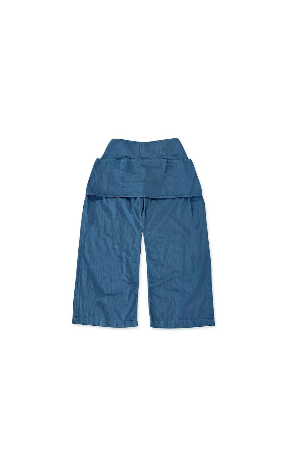 Plümo- Raku Japanese Gardening Pants in blue with a wide-leg cut and high, folded waistband, shown on a white background.