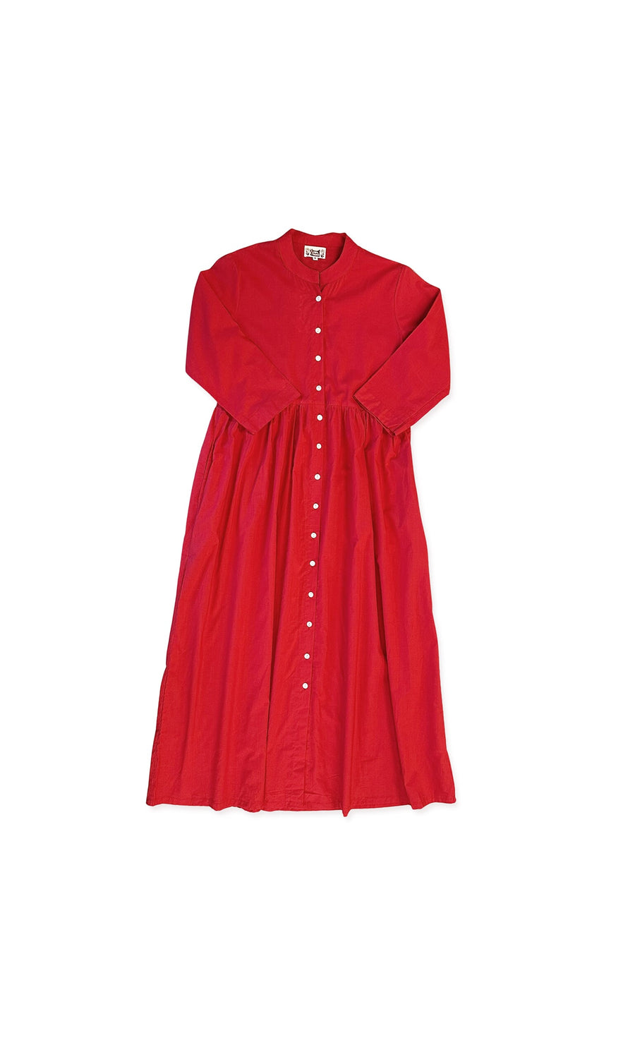 Plümo- The Eldora Dress is a long-sleeved red shirt dress with a gathered waist and buttons, shown flat on a white background.