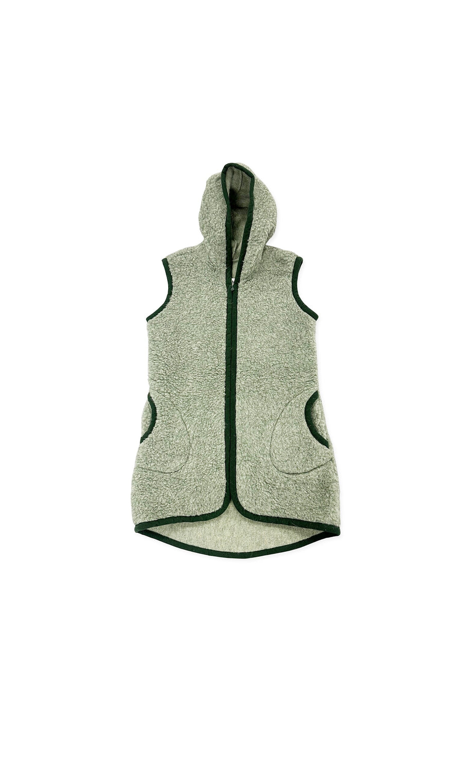 Plümo- Long Rambler Gilet - Mint: sleeveless lightweight gray gilet with green trim, hooded fleece style, two front pockets.