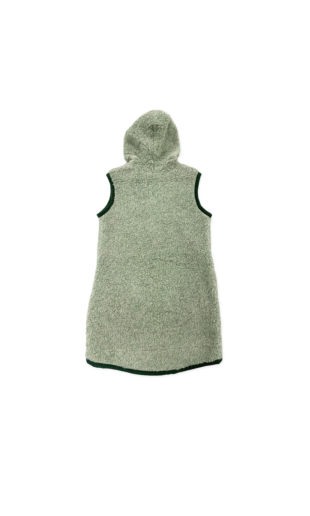 Plümo- Long Rambler Gilet - Mint: sleeveless textured fleece vest with hood, shown from the back on white background.