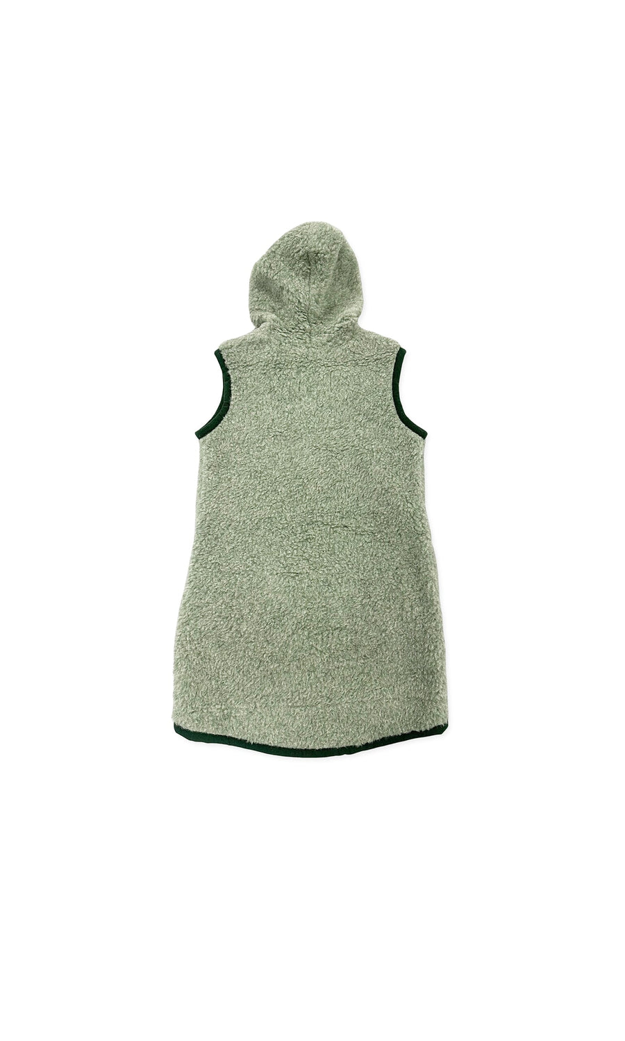 Plümo- Long Rambler Gilet - Mint: sleeveless textured fleece vest with hood, shown from the back on white background.