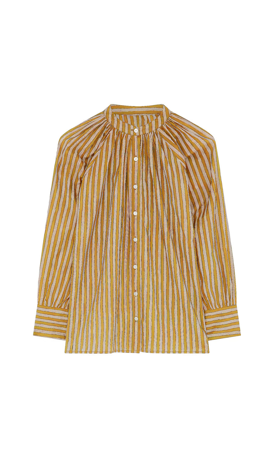 Plümo- Ailsa Blouse - Mustard: Yellow and white striped, hand-printed blouse with long sleeves and white buttons.