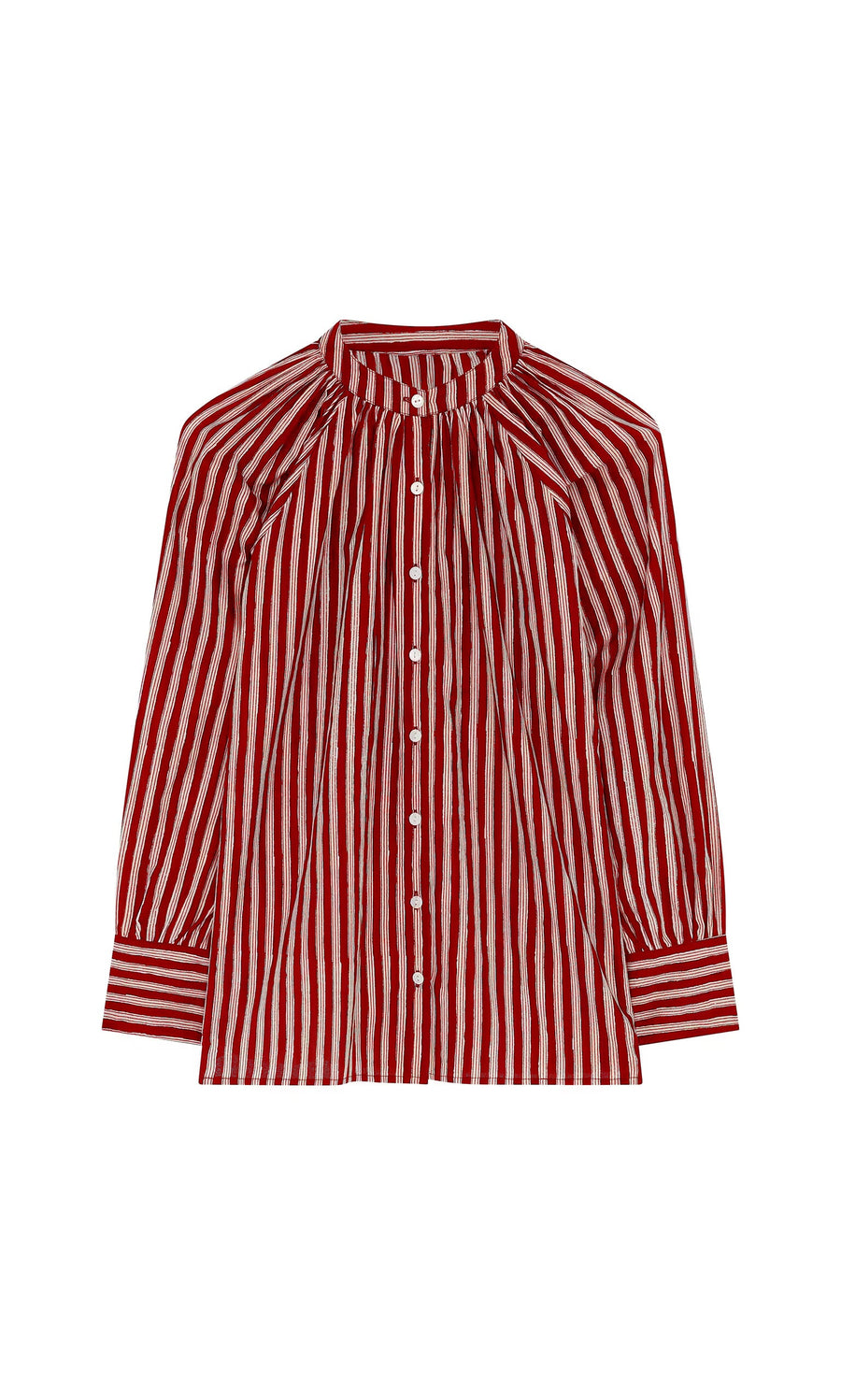 Plümo- Ailsa Blouse - Red: Red and white striped, long sleeves, gathered neck, crafted with natural dyes.