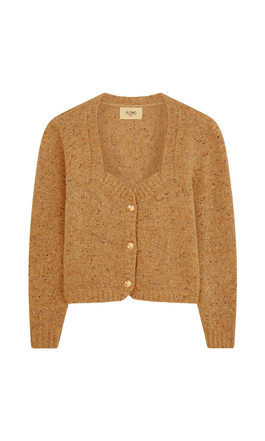 Plümo- Mustard Alpine Cardigan with long sleeves in soft alpaca merino wool, shown flat on a white background.