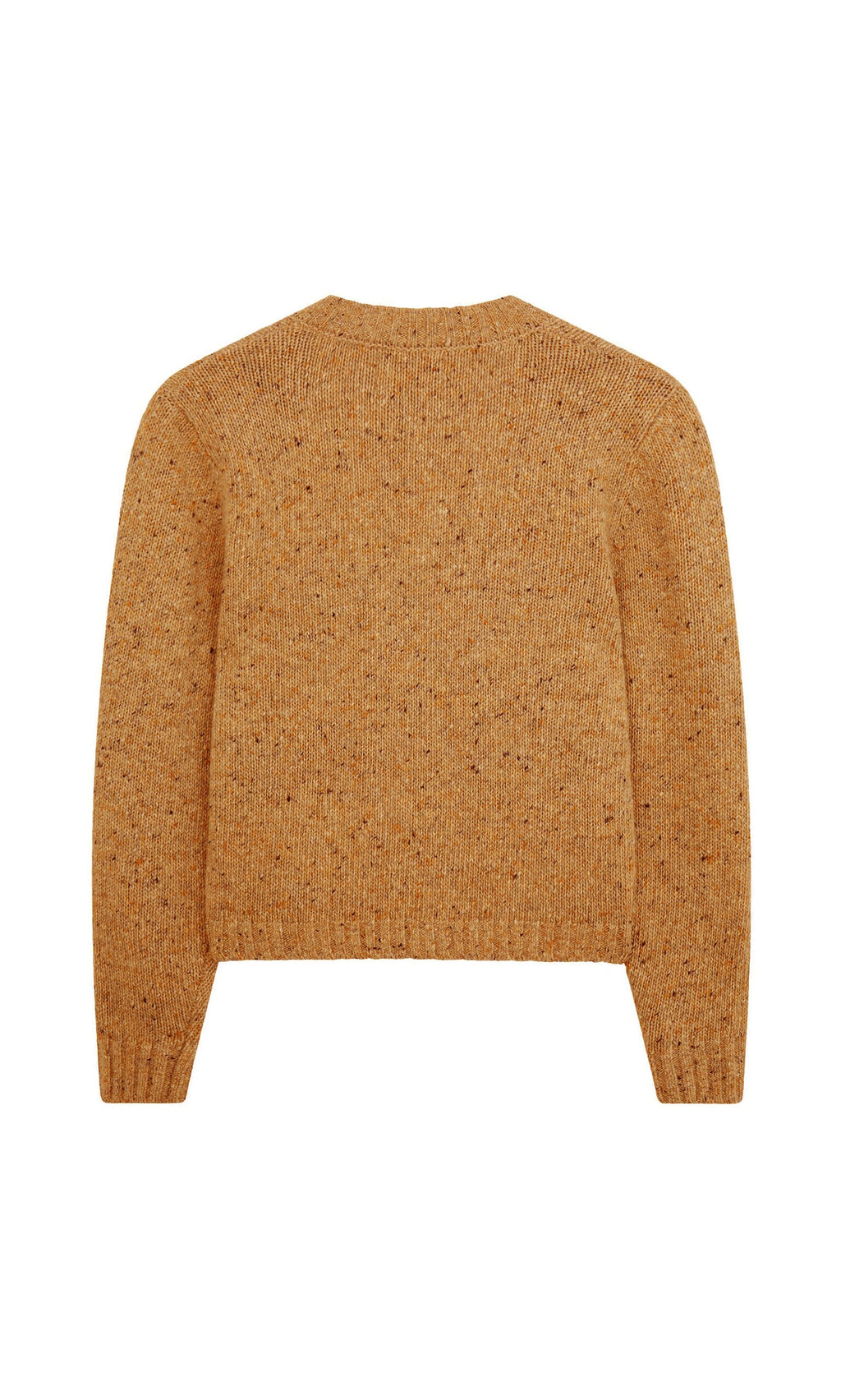Plümo- Back view of the Alpine Cardigan - Mustard, an alpaca-merino sweater with ribbed trim and a speckled design.