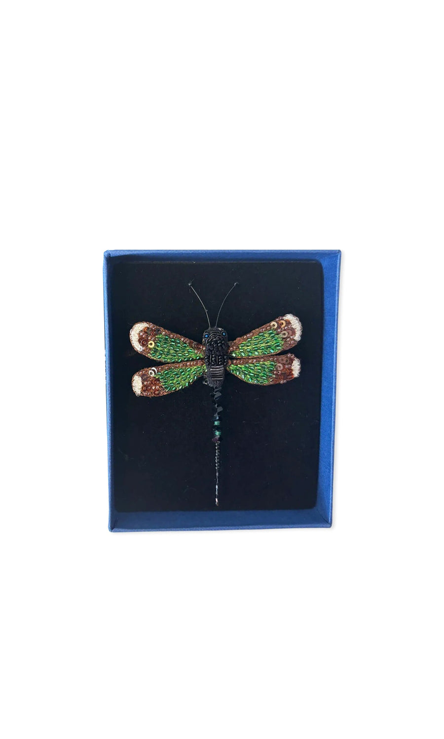 Plümo- The Green Dragonfly Brooch is a decorative hand-embroidered pin displayed in a blue box with a black background.