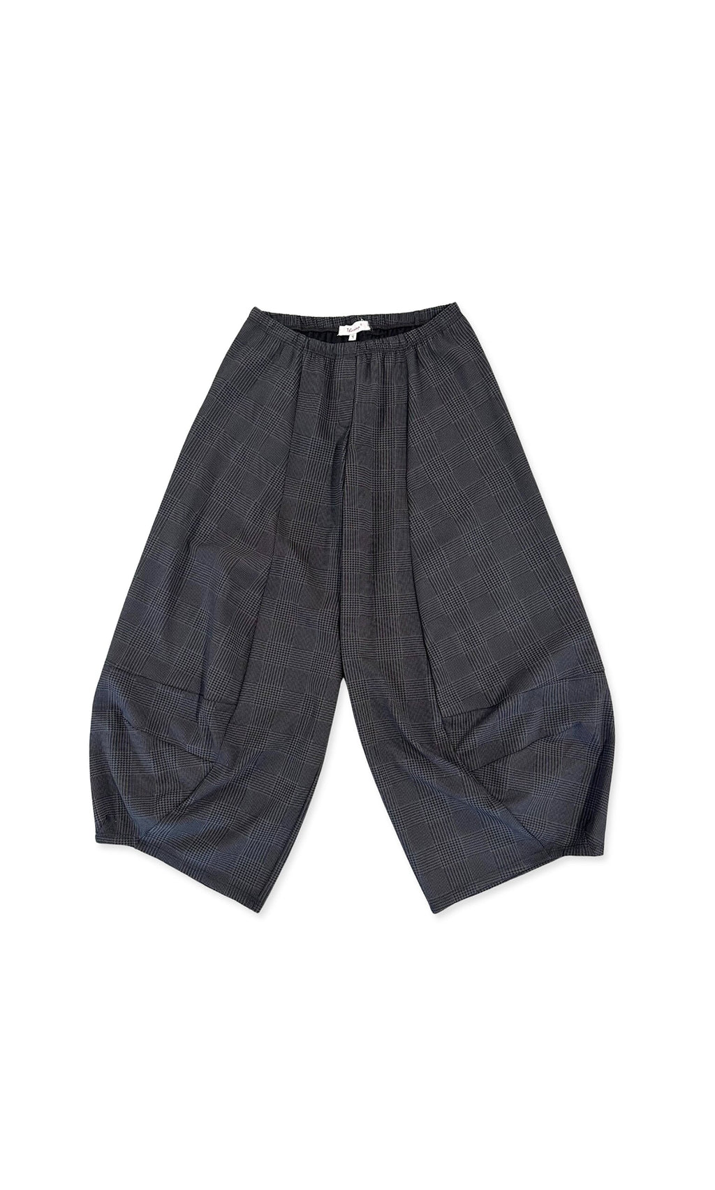 Plümo- Bella Barrel Pants in dark gray with a subtle plaid pattern and large front pockets, shown laid flat on white.