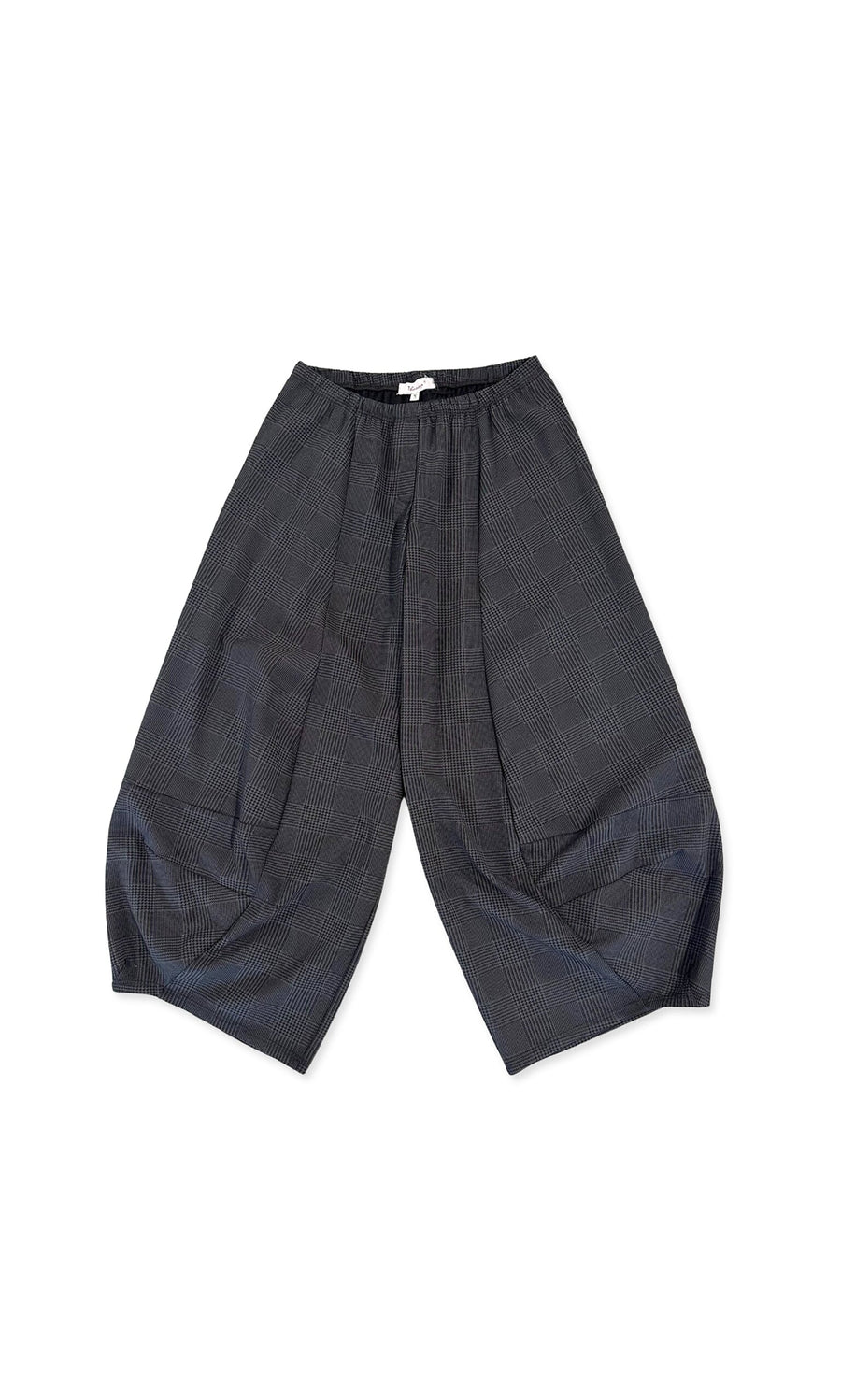 Plümo- Bella Barrel Pants in dark gray with a subtle plaid pattern and large front pockets, shown laid flat on white.