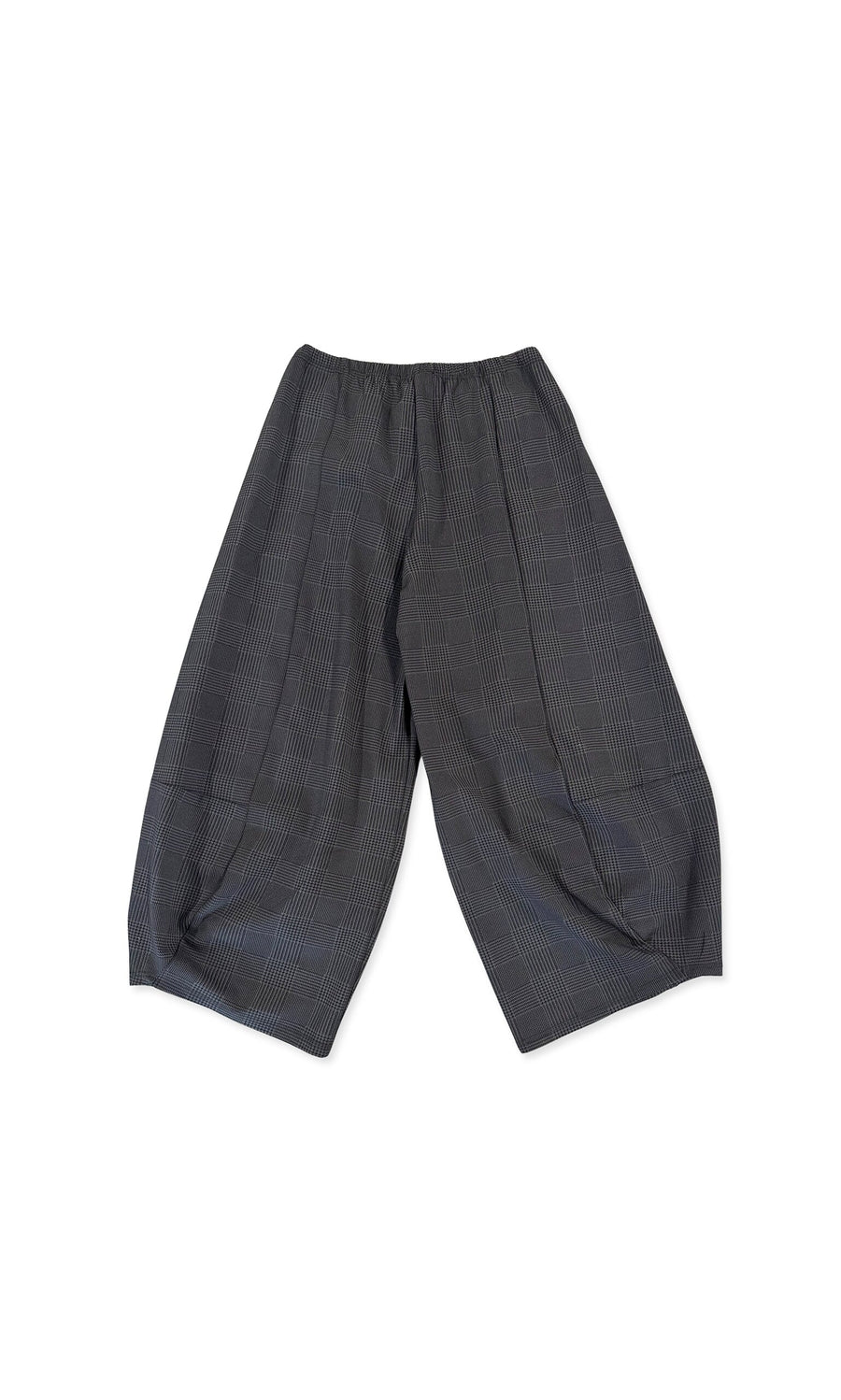 Plümo- Bella Barrel Pants: wide-leg, high-waisted dark gray houndstooth with elastic waist, shown flat on white.