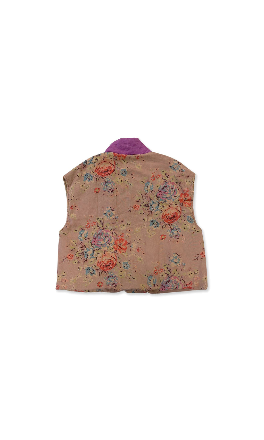 Plümo- The Botan Gilet is a sleeveless tan linen padded gilet with a floral design and purple collar, shown from the back.