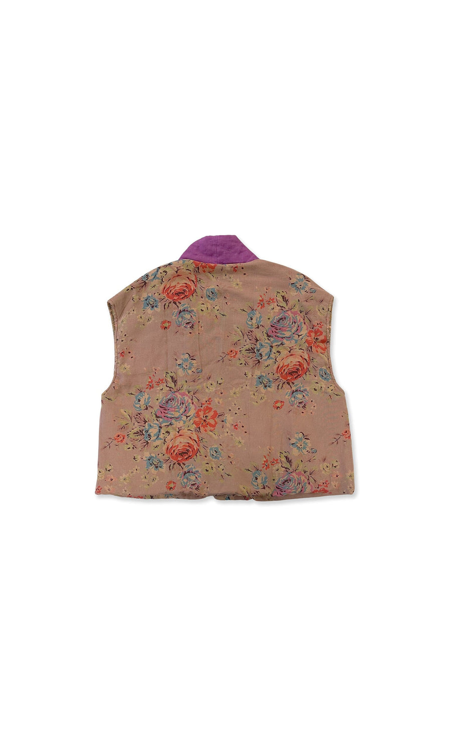 Plümo- The Botan Gilet is a sleeveless tan linen padded gilet with a floral design and purple collar, shown from the back.