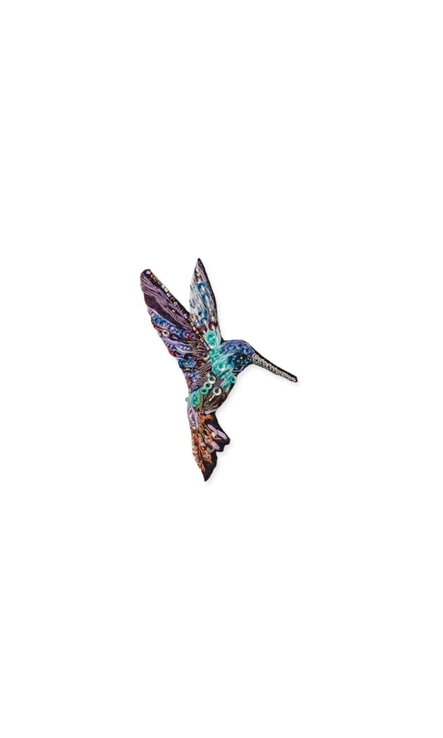 Plümo- Colibri Brooch: a colorful, intricately patterned bird brooch on a plain white background.