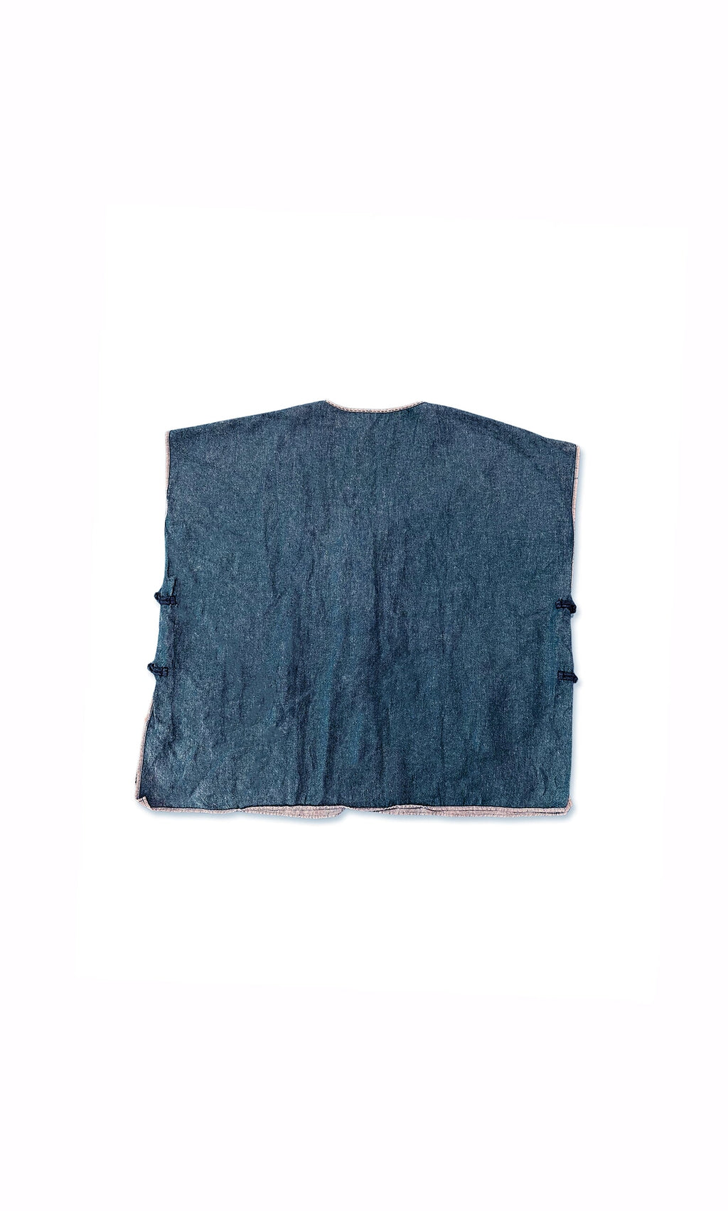 Plümo- Flat-lay of the Suzu Denim Gilet—sleeveless, blue, boxy fit with side openings on a white background.