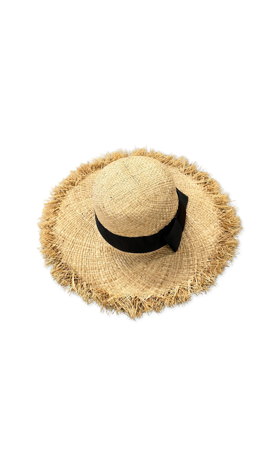 Plümo- Elowen Sun Hat: wide-brimmed braided raffia with frayed edges & black grosgrain ribbon on white background.