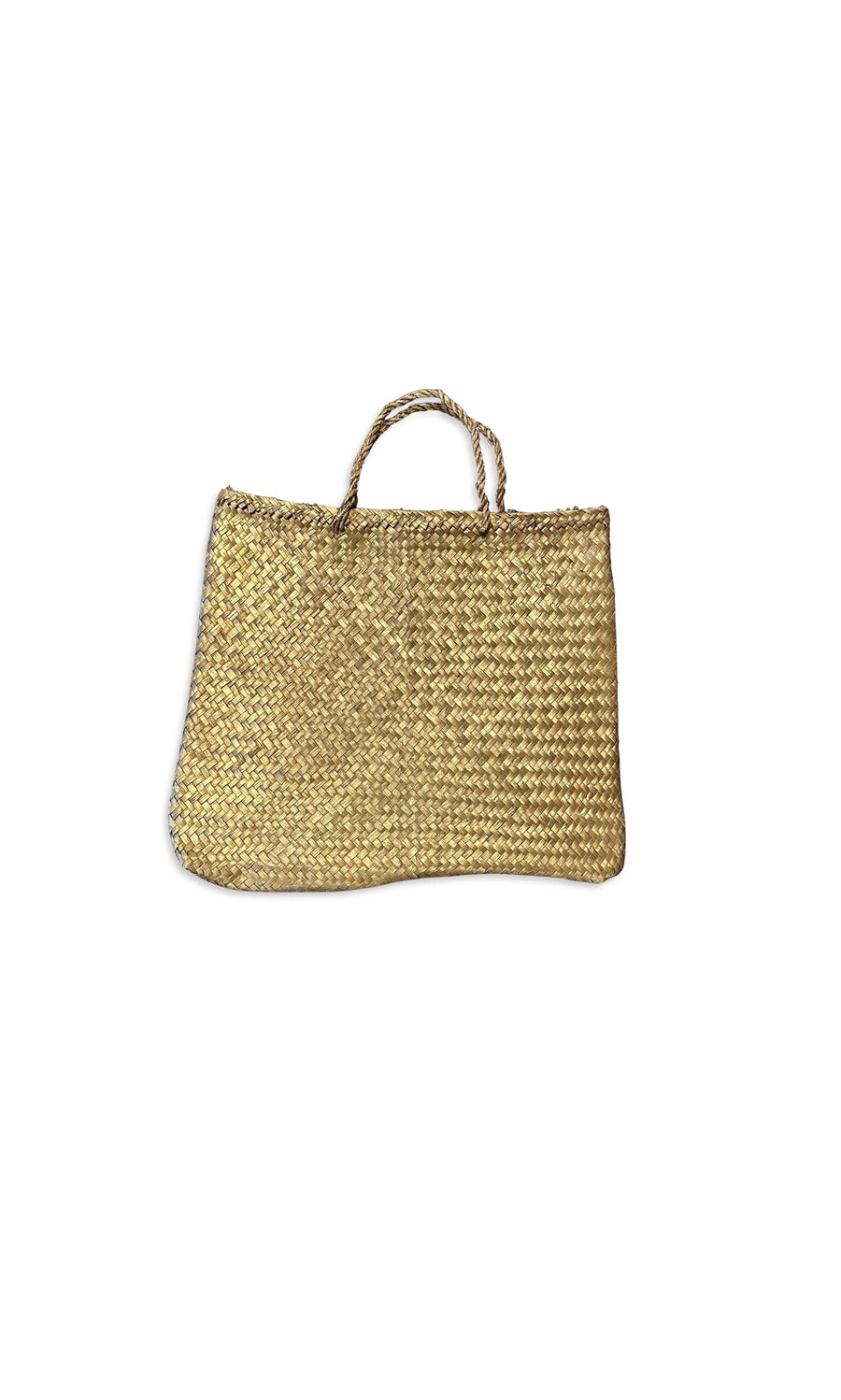 Plümo- Gold Palm Leaf Bag: lightweight woven straw tote with short handles, shown on a white background.