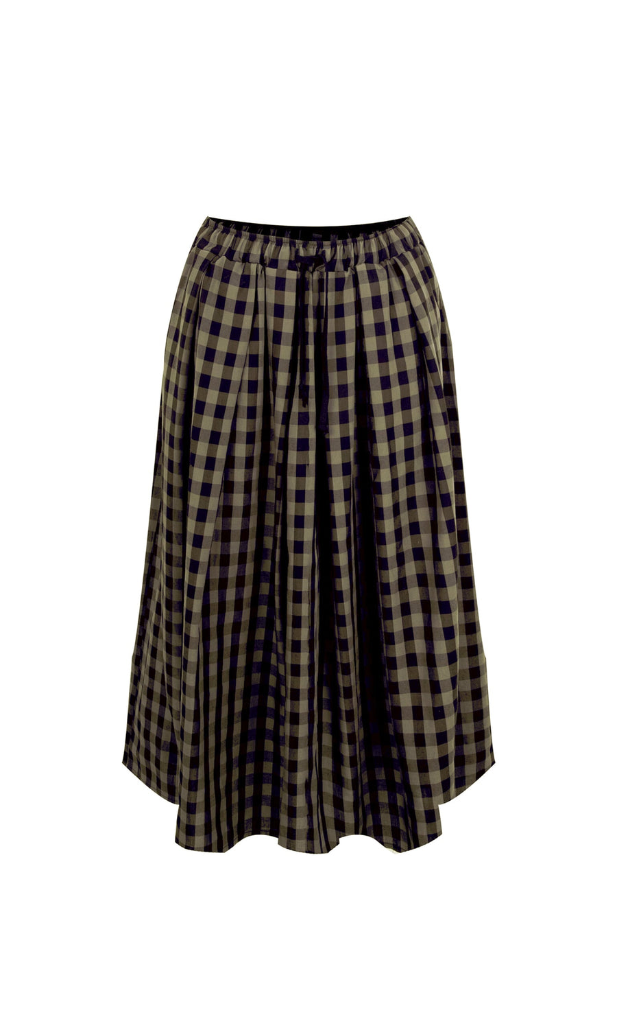 Plümo- The Janiera Skirt is knee-length with black and beige checks and features a gathered, elastic waistband.