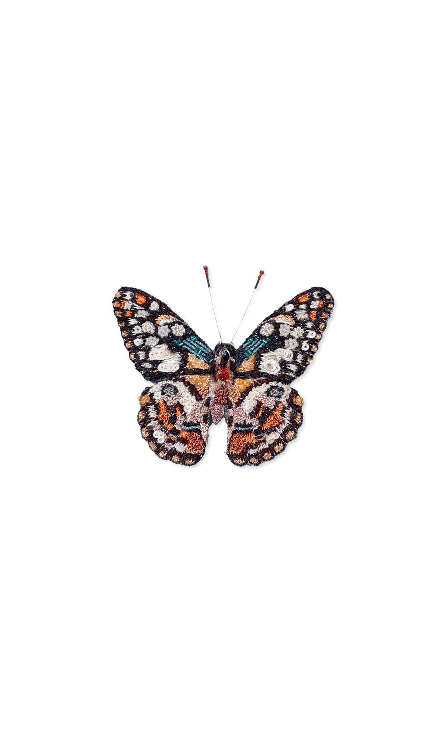 Plümo- Butterfly Brooch with hand-embroidered colorful wings on a white background.