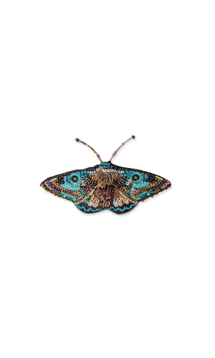 Plümo- Lanipes Moth Brooch features blue, black, brown, and gold hand-embroidered details on a white base.