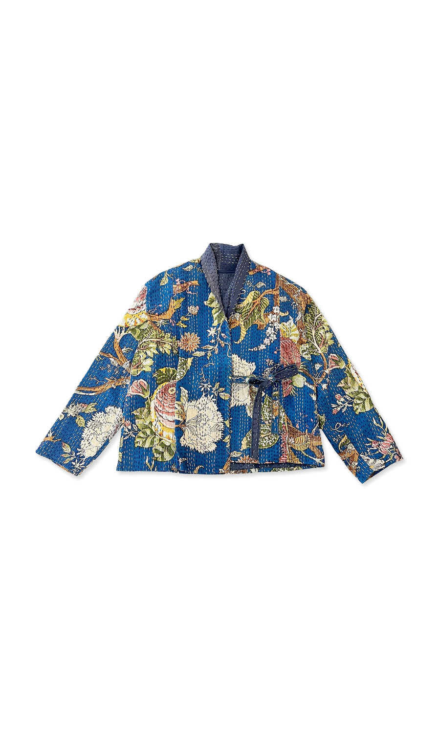 Plümo- Leonie Kantha: Blue floral wrap jacket with tie closure, multicolored flowers, and breathable cotton.