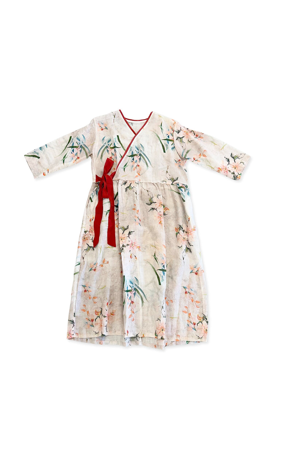 Plümo- Lian Flower Dress: light pink floral wrap, long sleeves, red trim neckline, tie waist on white background.
