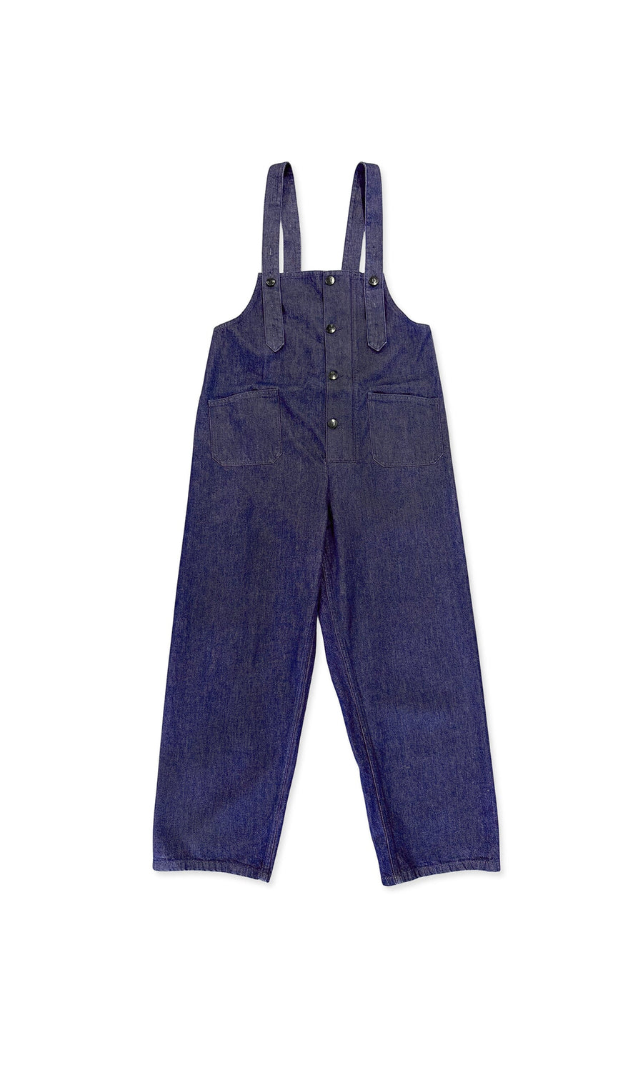 Plümo- Loxie Dungarees in dark blue denim with wide legs, front buttons, and adjustable straps on a white background.
