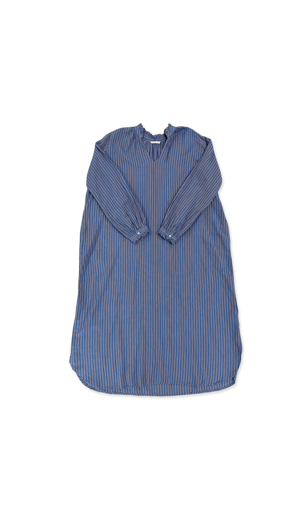 Plümo- Marina Stripe Dress: blue, long-sleeved knee-length tunic with thin black vertical stripes, displayed on white background.