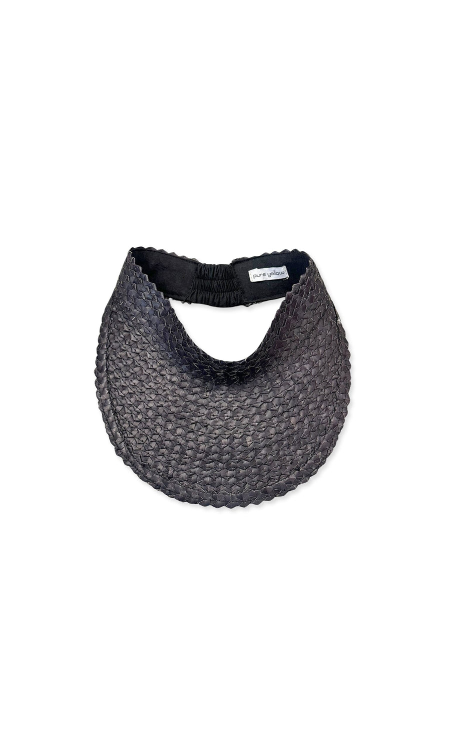 Plümo- Maris Sun Visor - Black: Sustainable, handwoven palm leaf visor with elastic back strap shown on a white background.