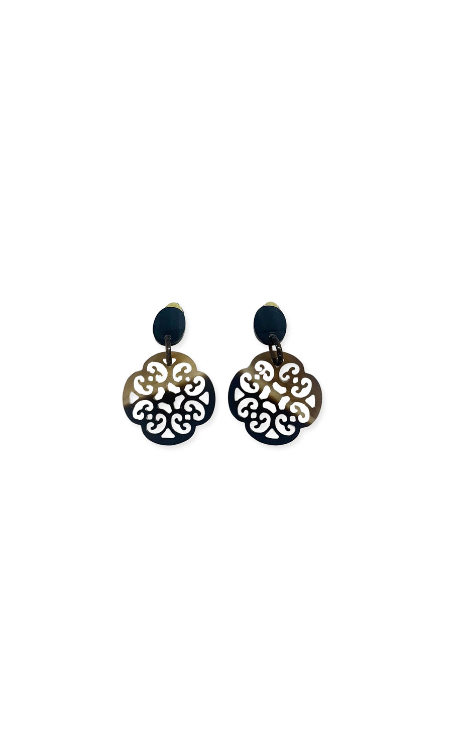 Plümo- Siobhan Clip-On Earrings: black and gold filigree with intricate, swirling patterns.