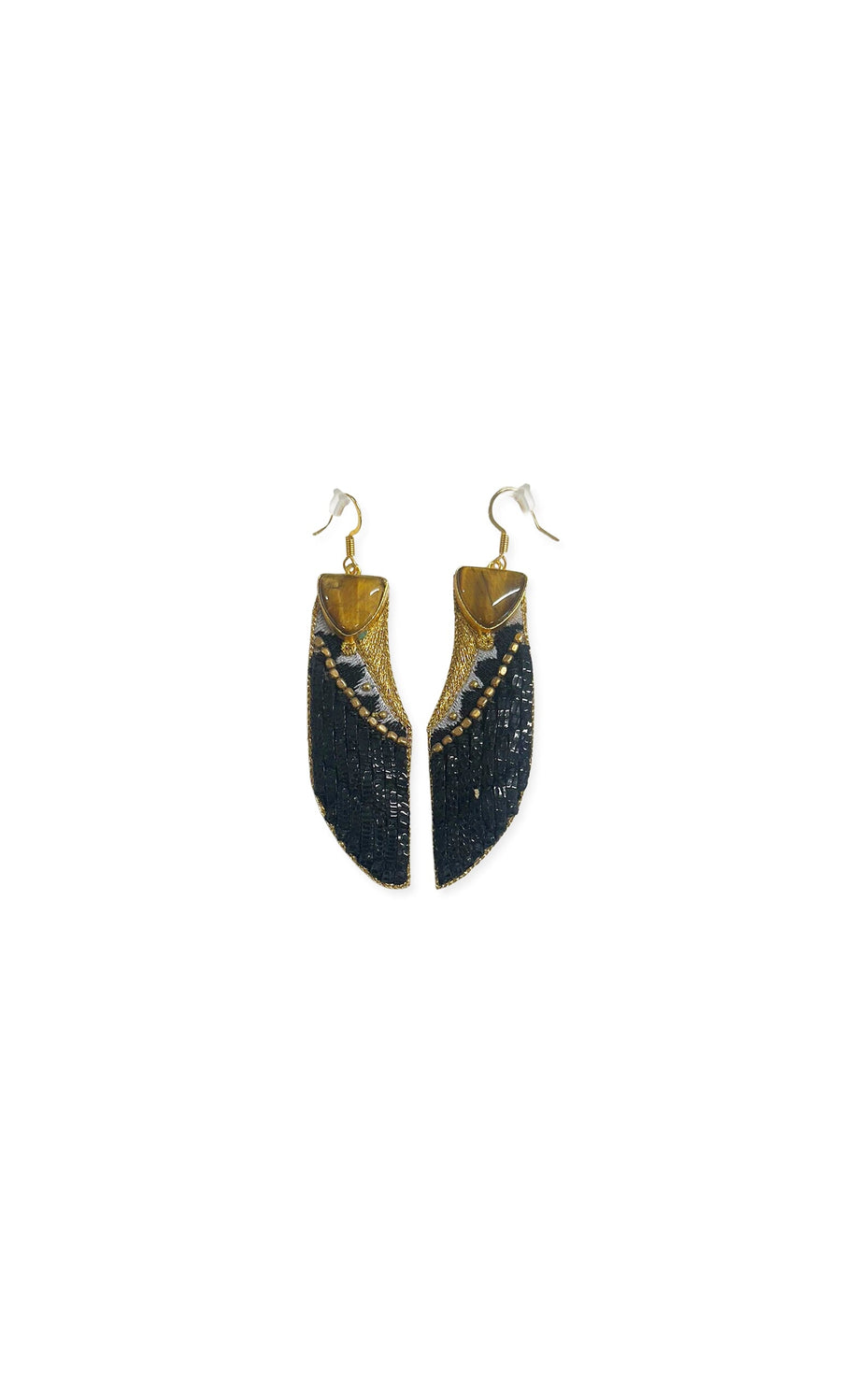 Plümo- Tigers Eye Earrings: Black and gold drop earrings with a curved, layered design and hook fastenings.