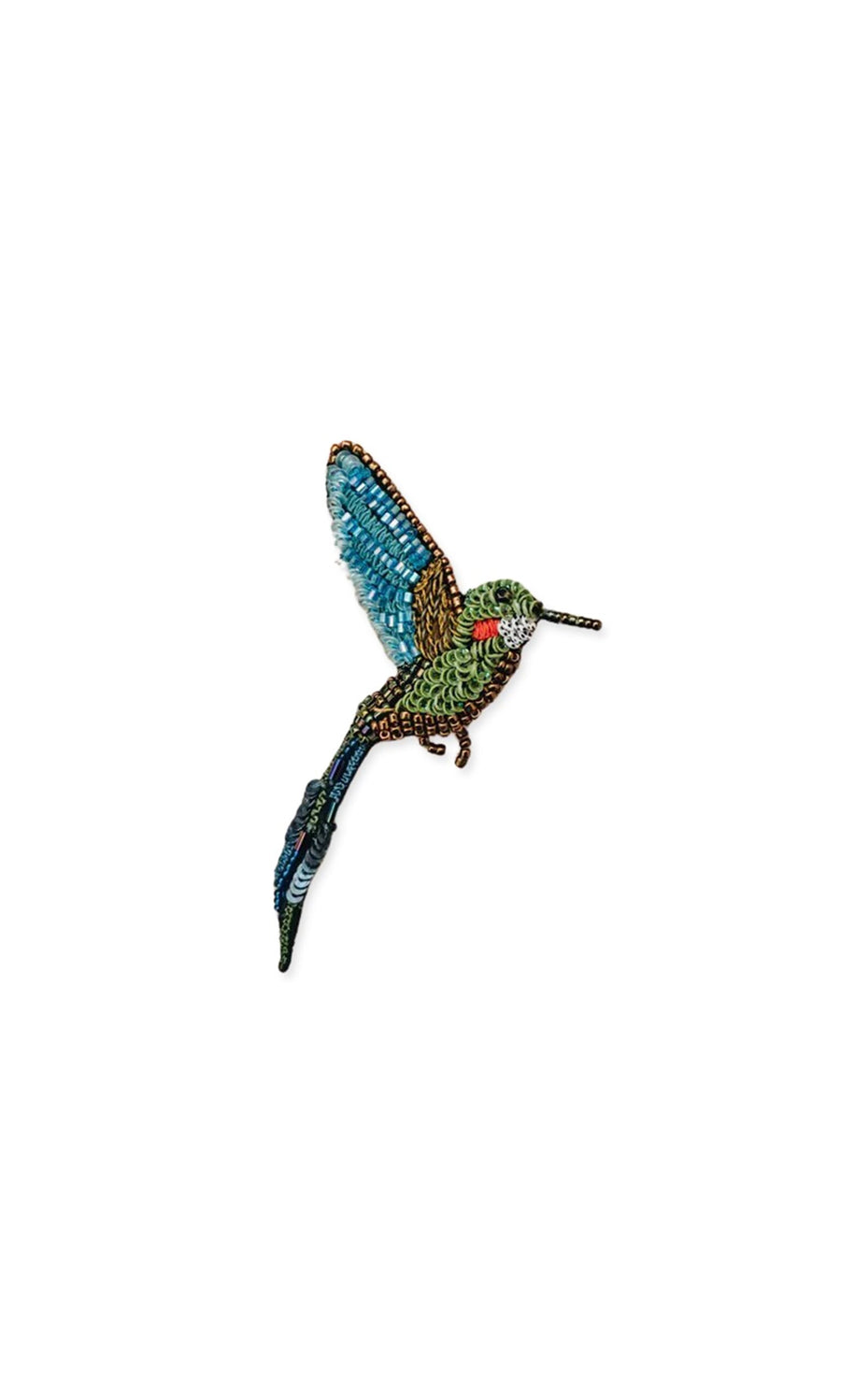Plümo- Hummingbird Brooch with hand-embroidered green, blue, and pink details on a white background.