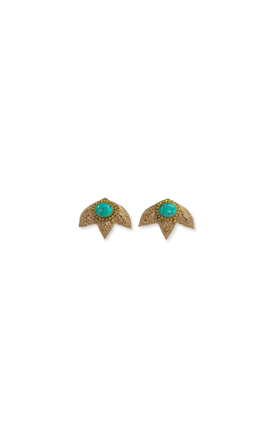 Plümo- Turquoise Clip-On Earrings with hand-embroidered stones in a fan-shaped design, shown on a white background.