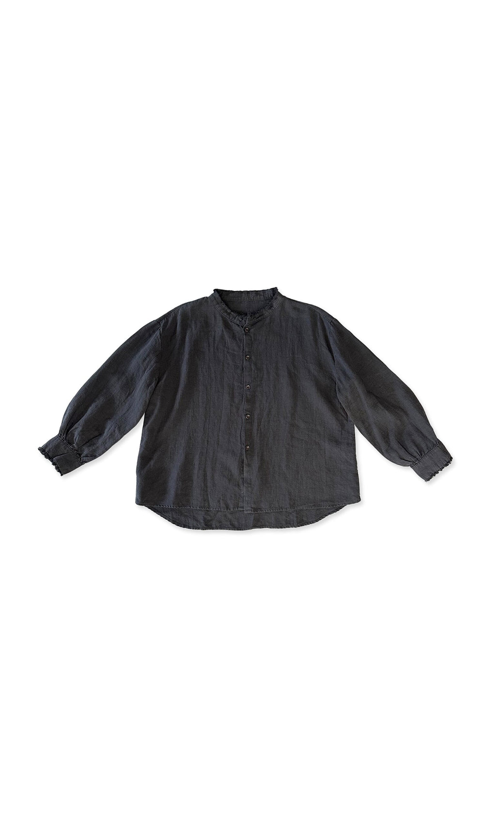 Plümo- Aera Blouse - Black: casual-fit, collarless, long-sleeve linen shirt displayed flat on a white background.