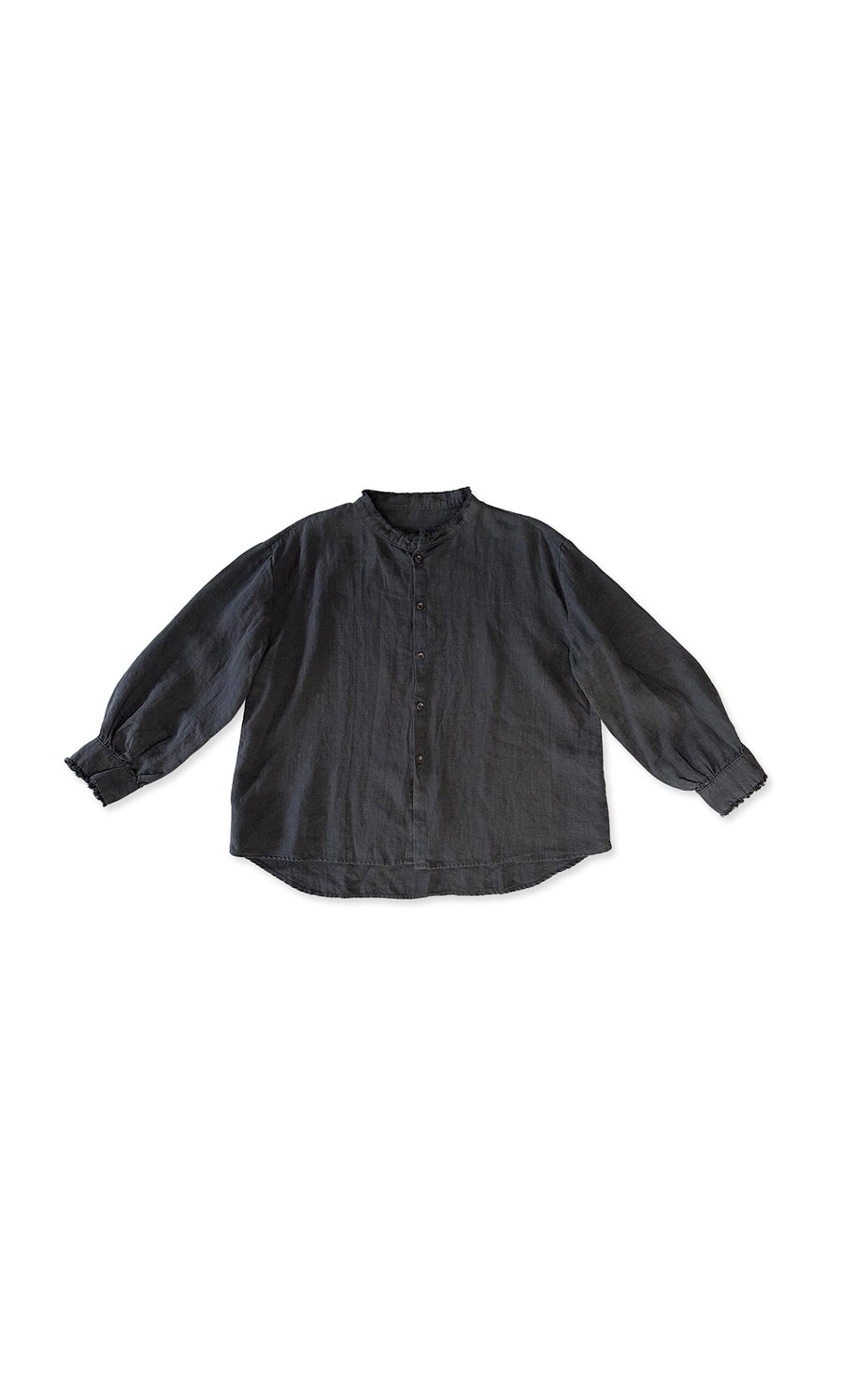 Plümo- Aera Blouse - Black: casual-fit, collarless, long-sleeve linen shirt displayed flat on a white background.