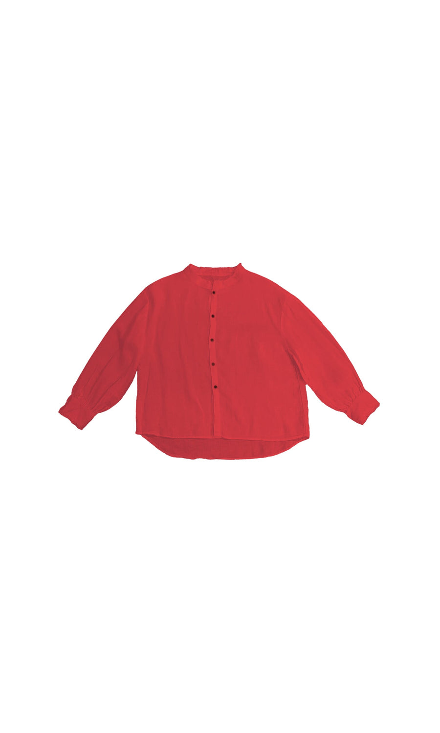 Plümo- Aera Blouse - Red: Long-sleeve, button-up linen shirt with round collar, shown on a white background.