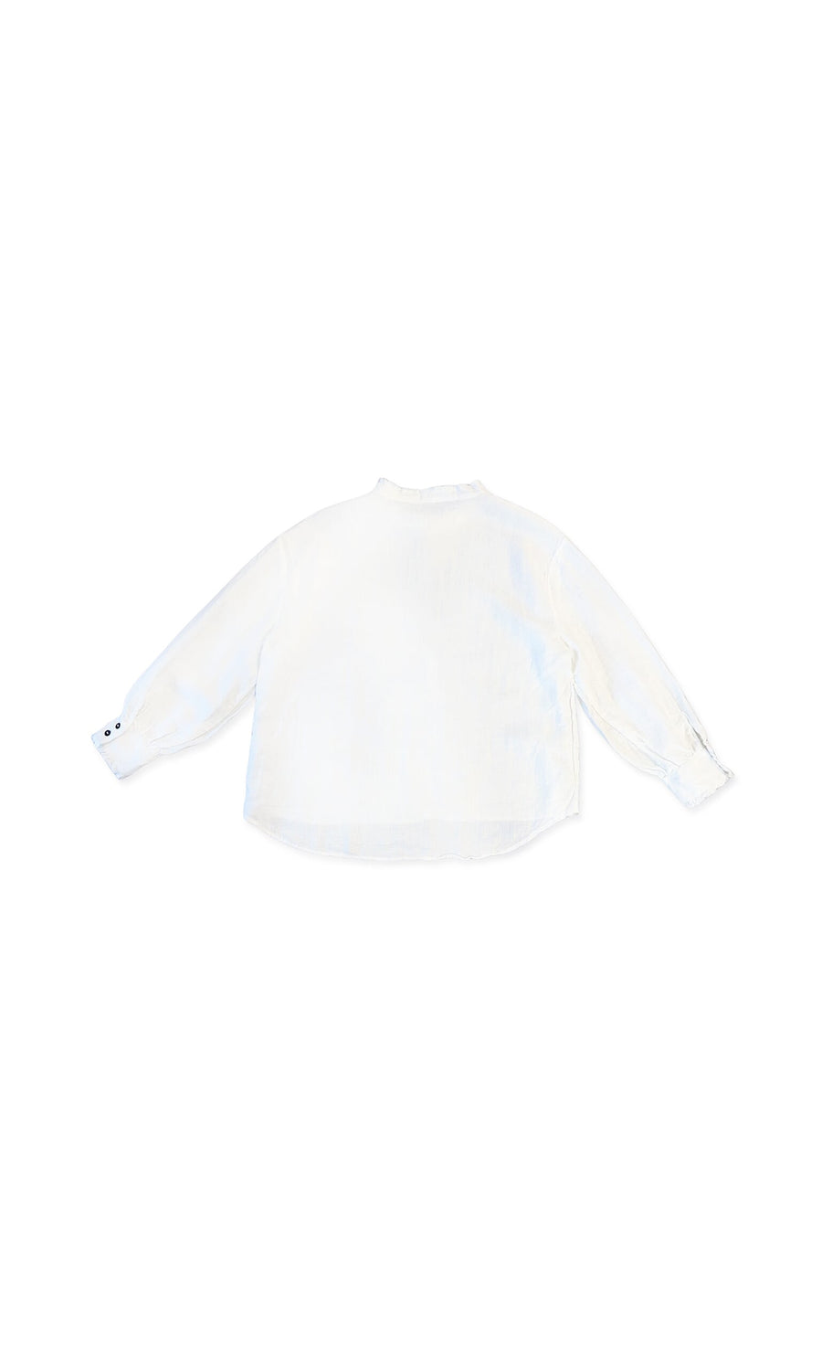 Plümo- Aera Blouse - White: Collarless linen shirt with buttoned cuffs, shown flat from the back on a white background.