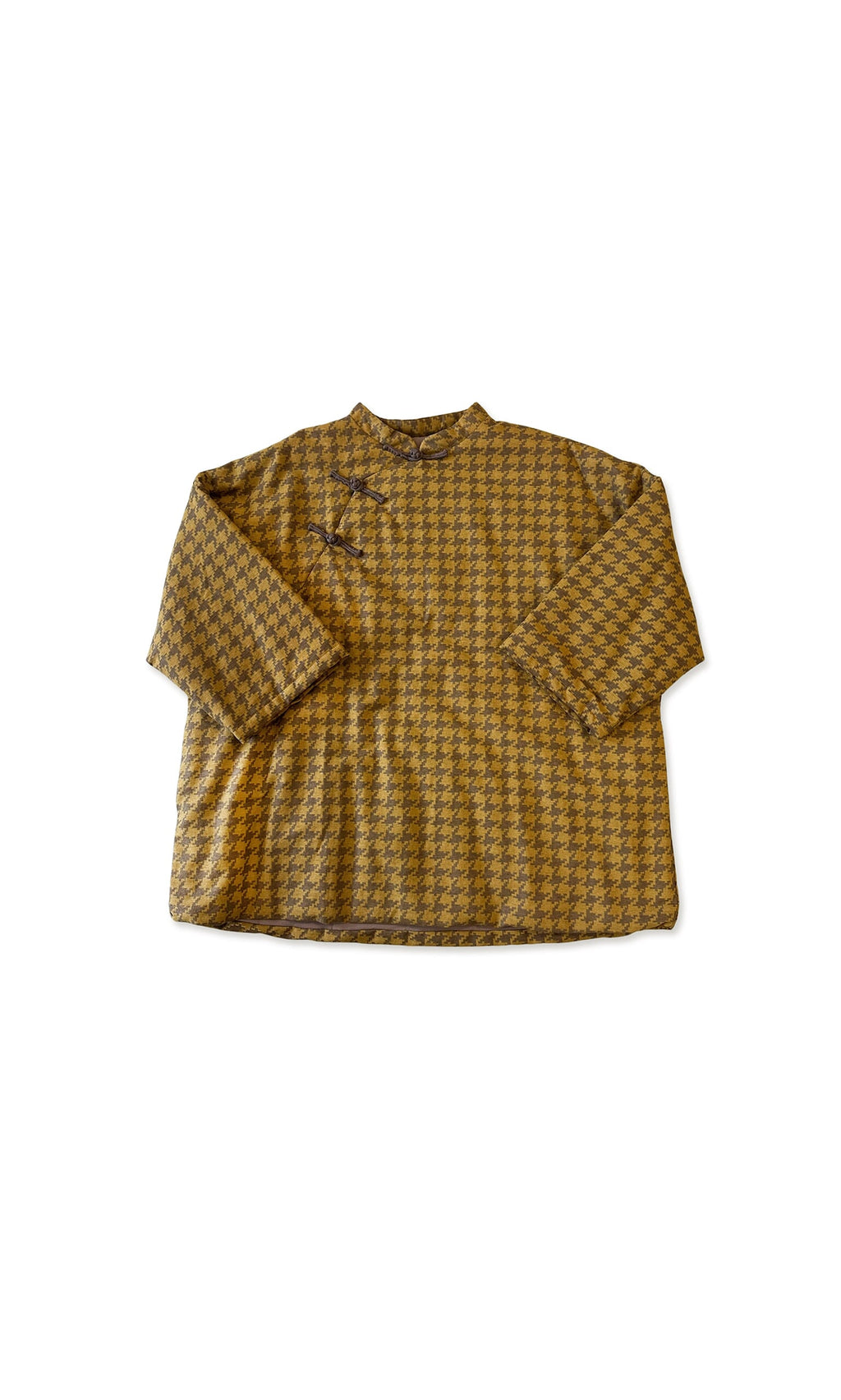 Plümo- Allegra Jacket: oversized long-sleeve houndstooth in brown and yellow, one size, shown on white background.